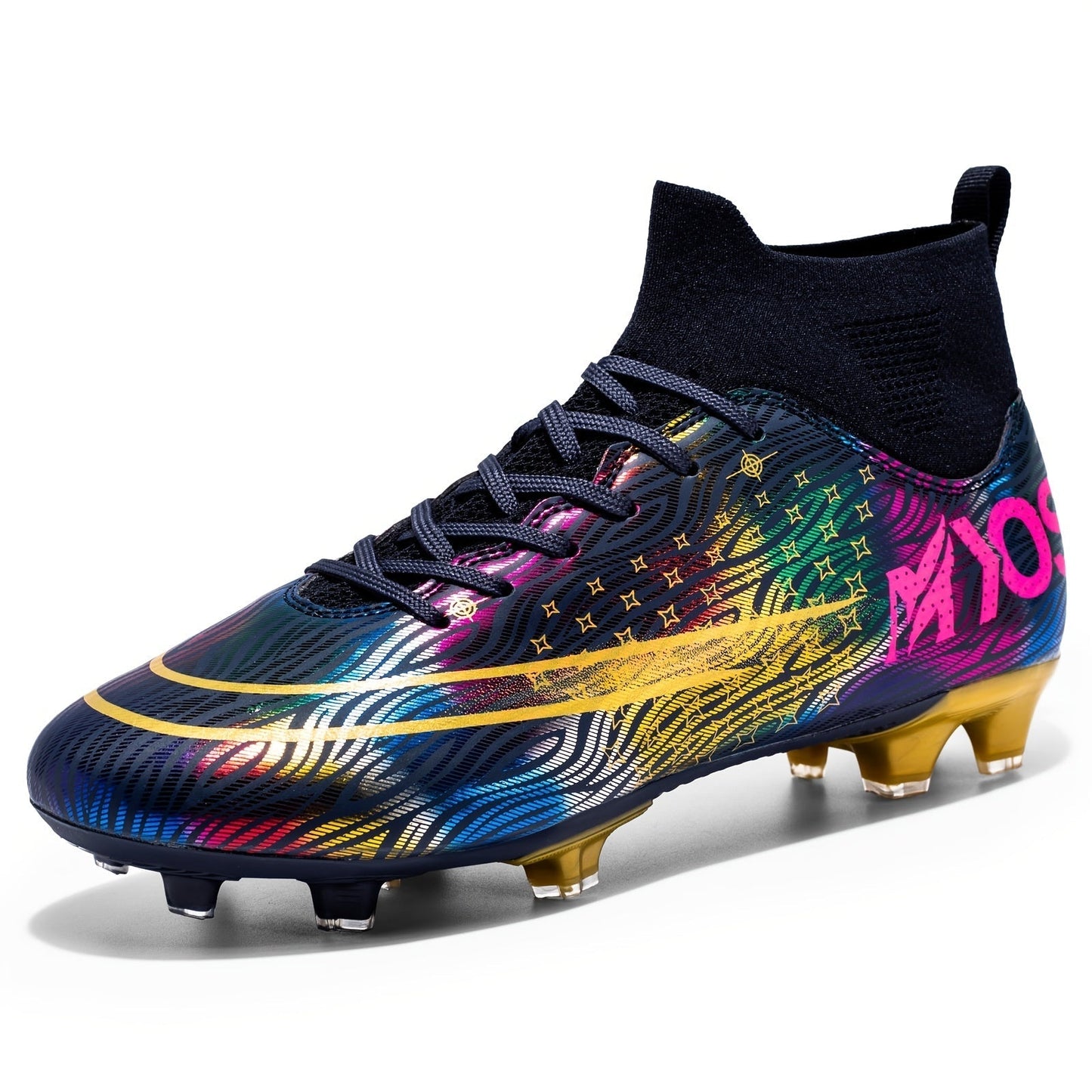 Bunter Fußballschuh mit goldenen Stollen, schwarzem Knöchelschutz und auffälligem Design. Ideal für Rasenplätze. Hochwertige Sportausrüstung.