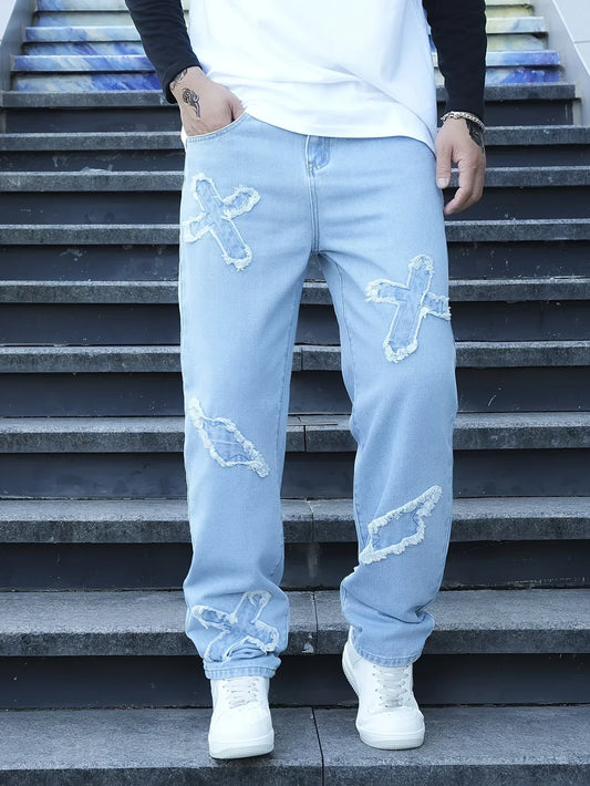 Herren Jeans mit Stickerei und lockerem Schnitt – Gerades Bein