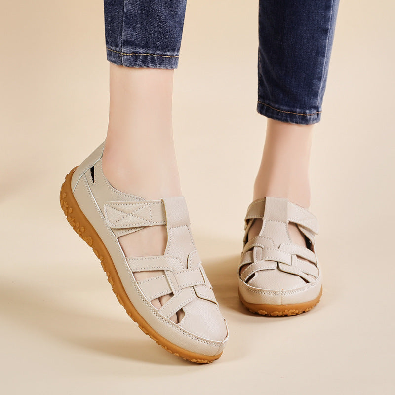Retro-Sandalen Für Damen Mit Klettverschluss, Flacher Form, Runder Zehenpartie Und Weicher Sohle