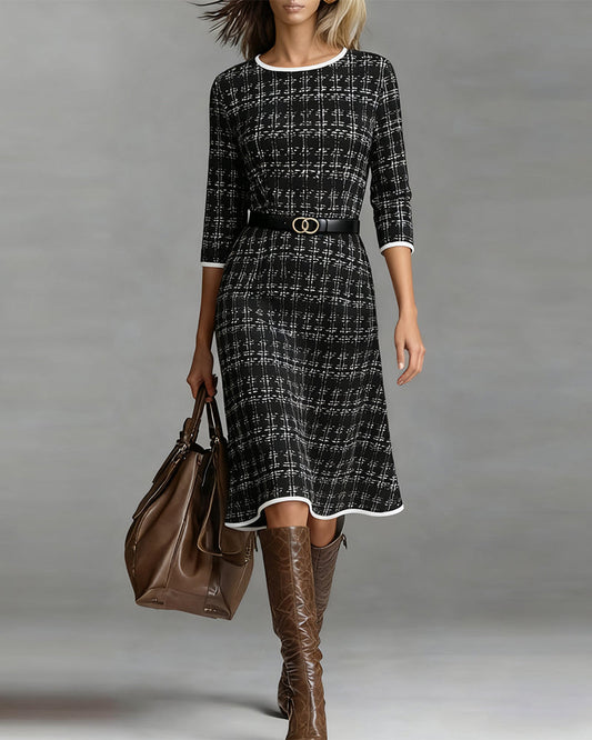 Women's Knee-Length Dress A-Line Round Neck Three-Quarter Sleeves Autumn