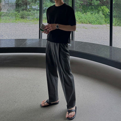 Men's casual pants with straight cut, mid-rise waist, solid color, loose fit, for everyday wear