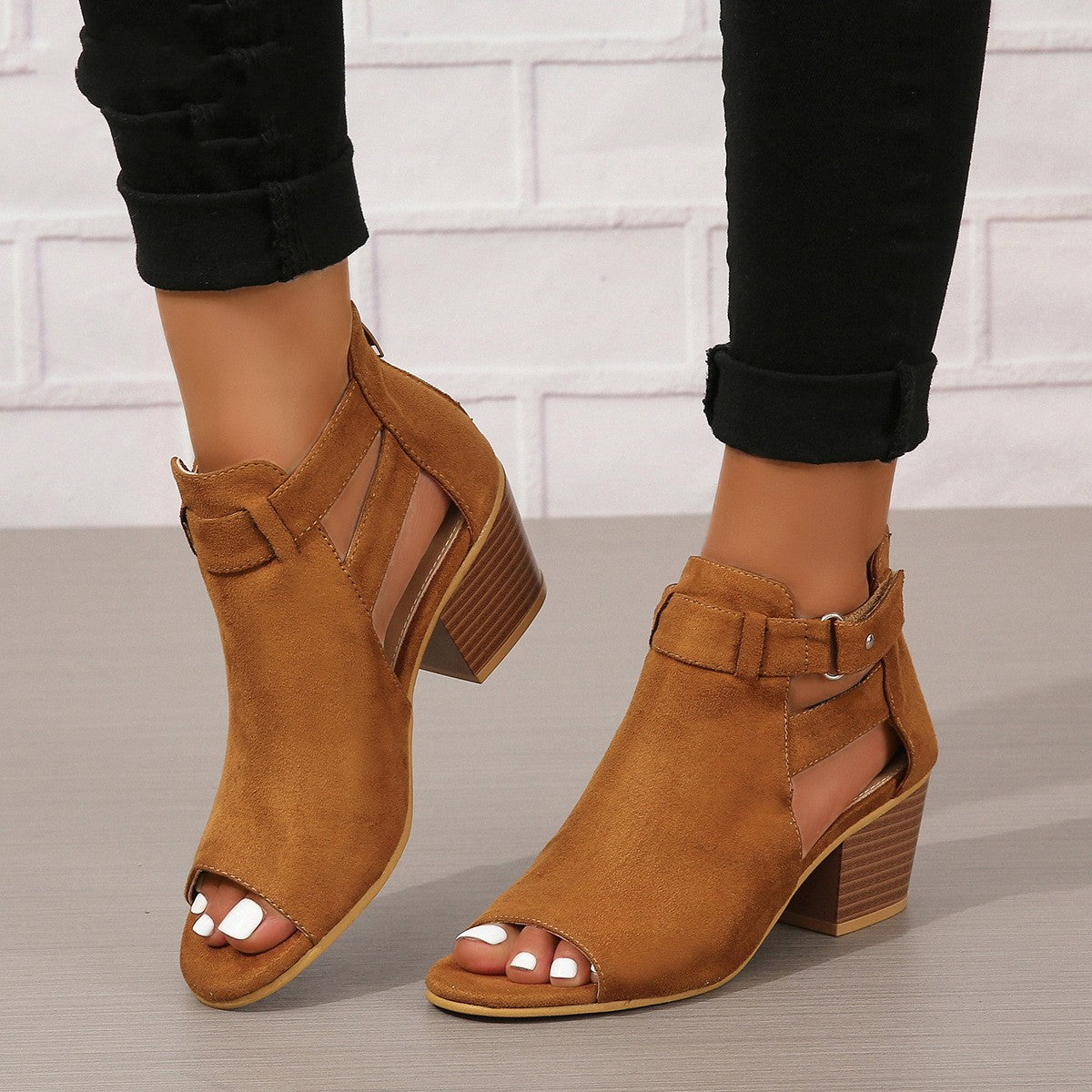 Damen-Sandalen Mit Hohem Absatz, Schnallenriemen Und Runder Zehenpartie