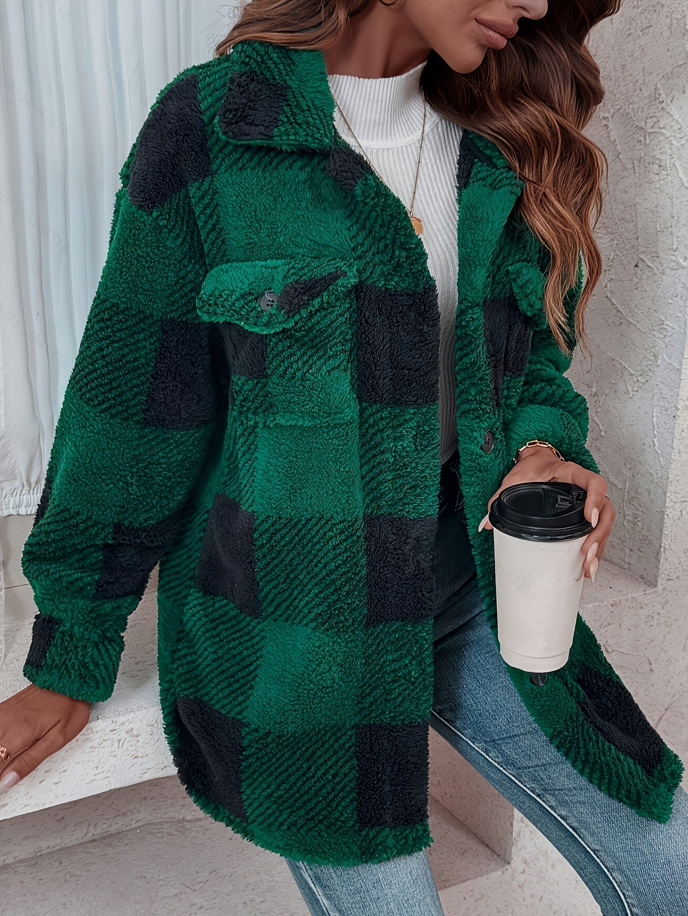 Damen Fleece Cardigan Karomuster Knopfleiste Lockerer Schnitt Langarm – Herbst und Alltag