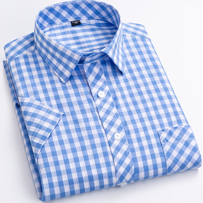 Men's Short-Sleeve Shirt with Check Pattern and Button Placket – Cotton Blend