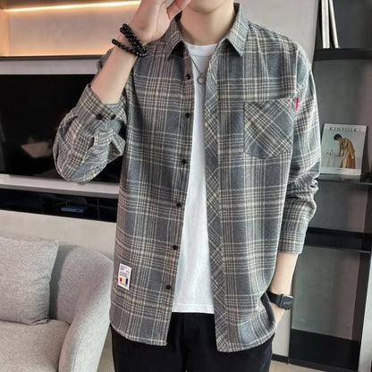 Long-sleeved checked men's shirt for spring with a slim fit