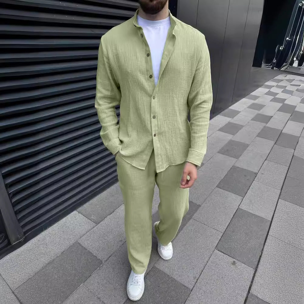 Herren Langarm-Zweiteiler-Set: Hemd Und Kurze Hose, Einfarbig, Mehrfarbig, Leichtes, Aufeinander Abgestimmtes Outfit
