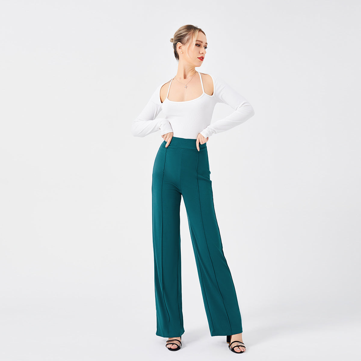 Damen Hochtaillen-Slim-Schlaghose in Unifarbe
