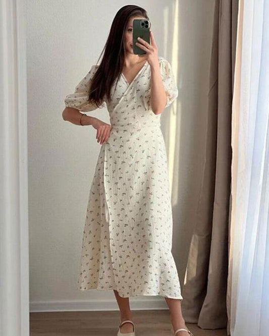 Sommerkleid Für Damen Mit V-Ausschnitt, Floralem Muster, Schnürung, Hoher Taille Und Kurzen Ärmeln