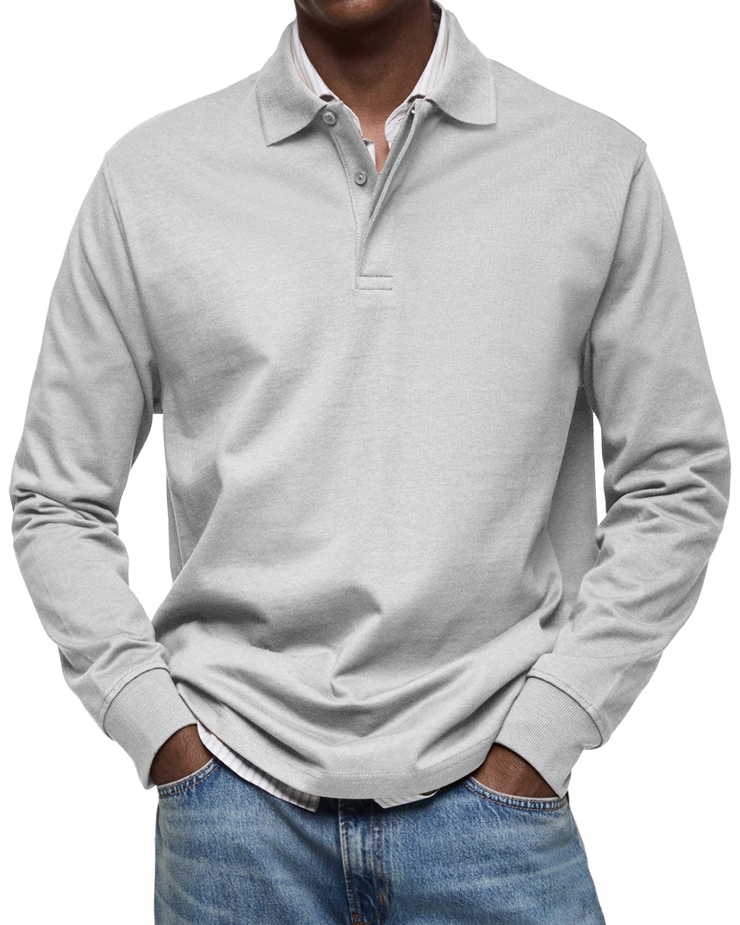Men's Long-Sleeve Polo Shirt with Structured Collar and Button Placket
