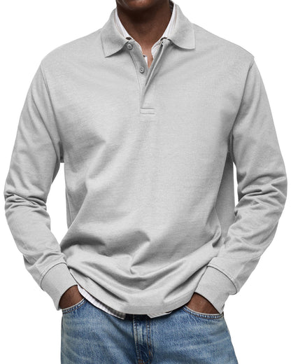 Men's Long-Sleeve Polo Shirt with Structured Collar and Button Placket