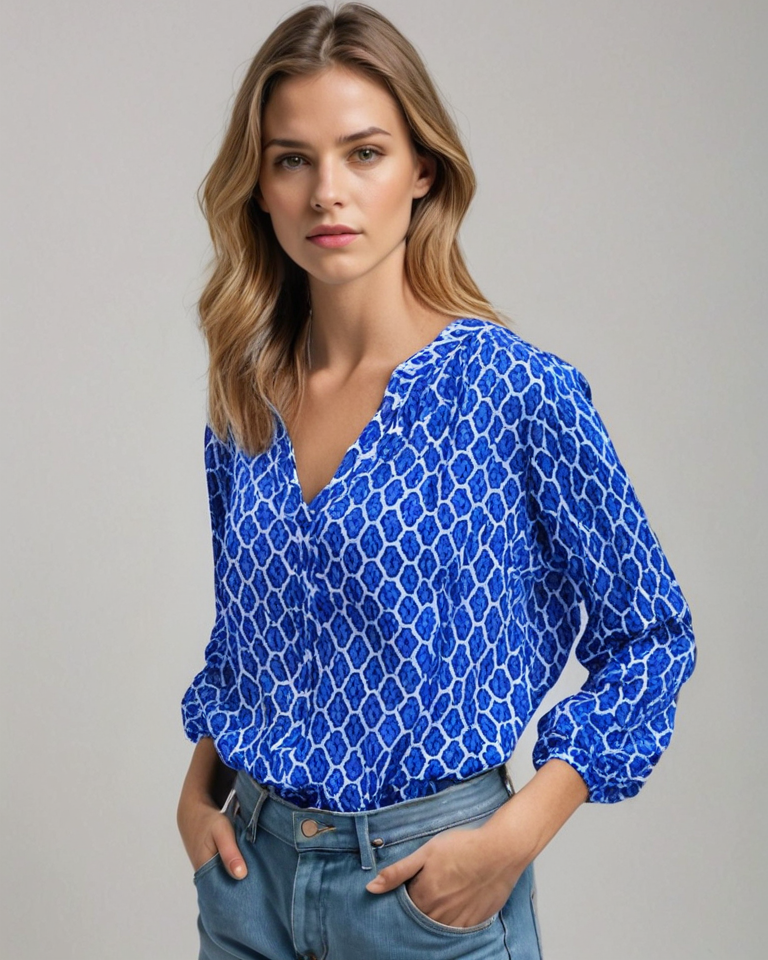 Frau in blauer gemusterter Bluse und Jeans vor grauem Hintergrund. Modetrend, Damenbekleidung, stilvolle Freizeitmode.