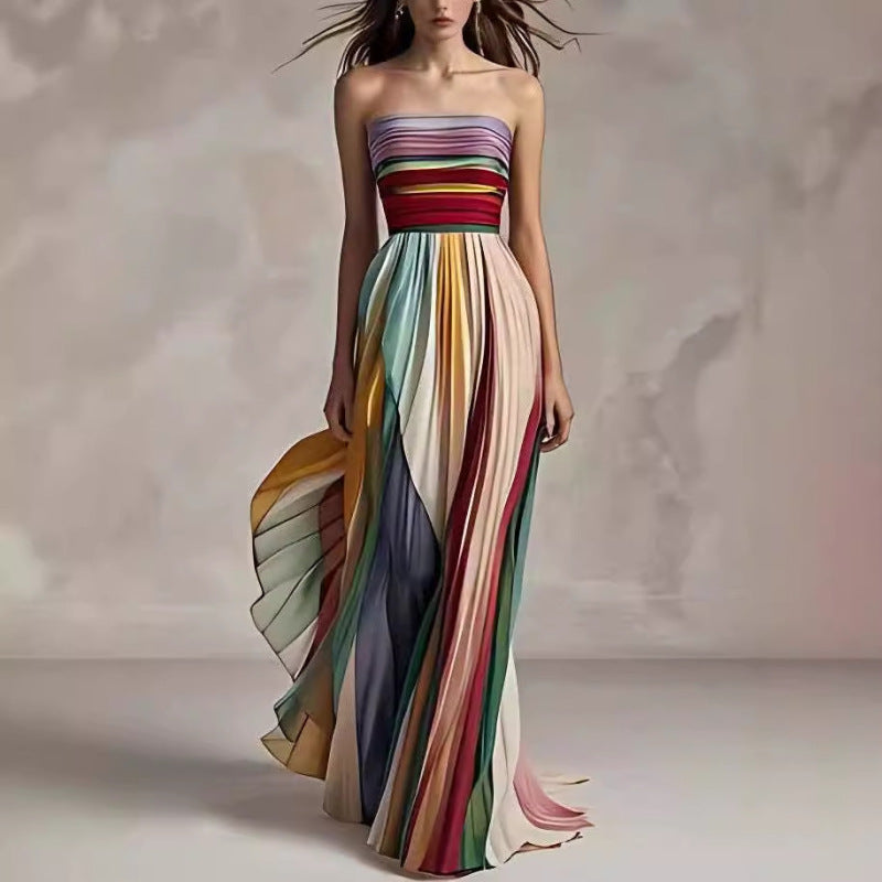 Damen Sommer Maxikleid Schulterfrei, Rückenfrei, Gestreift – A-Linien Style
