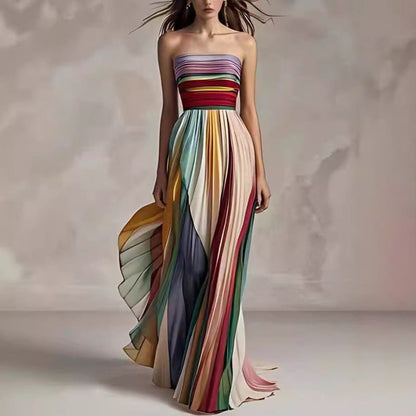 Damen Sommer Maxikleid Schulterfrei, Rückenfrei, Gestreift – A-Linien Style