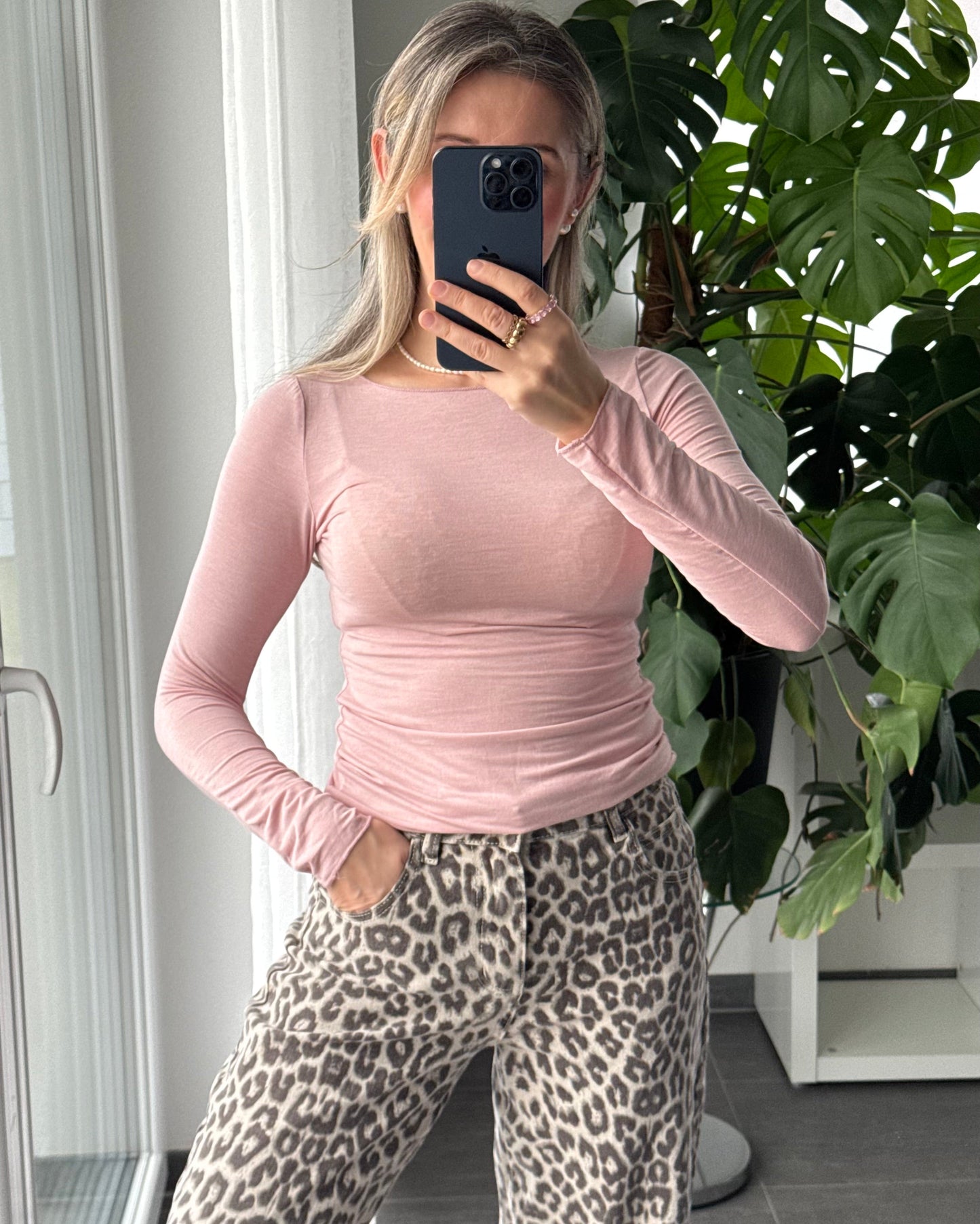 Damen Langarmshirt Rundhalsausschnitt Stretch Passform Figurbetont – Baumwoll-Mischung