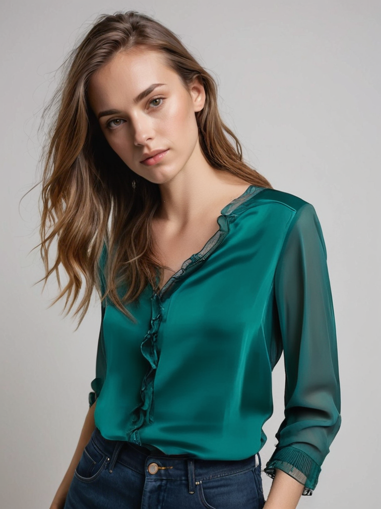 Junge Frau in smaragdgrüner Bluse mit Rüschen, lässig gestylt, vor neutralem Hintergrund. Mode, Damenbekleidung, eleganter Look.