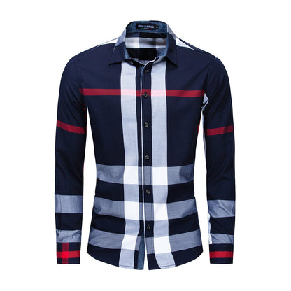 Men's long-sleeve cardigan shirt with checkered pattern and color block design