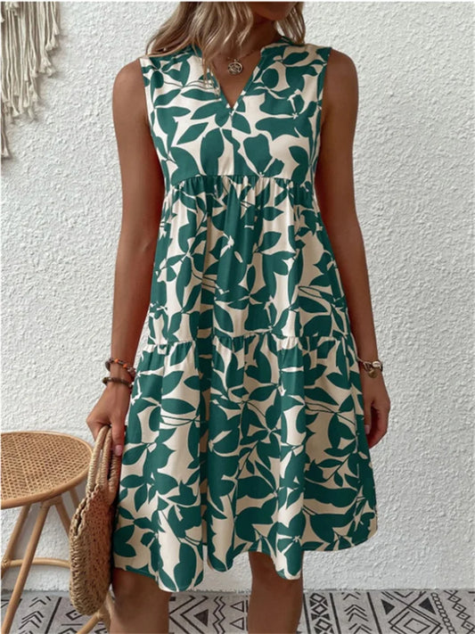 Damen Sommerkleid A Linie Blumenmuster V Ausschnitt Ärmellos