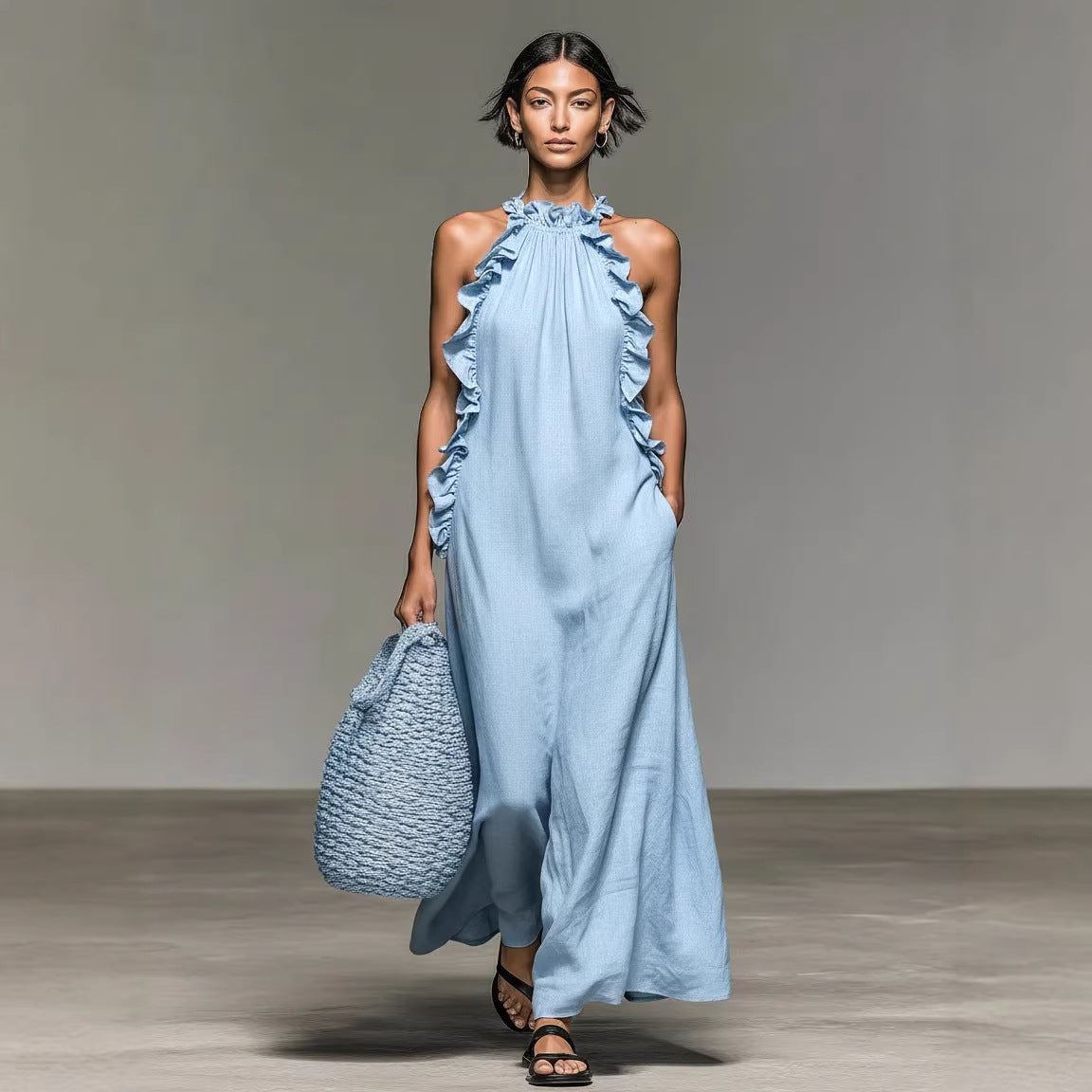 Ärmelloses Maxikleid Im Resort-Stil Mit Neckholder Und Rüschenbesatz – Seidenartiges Tragegefühl