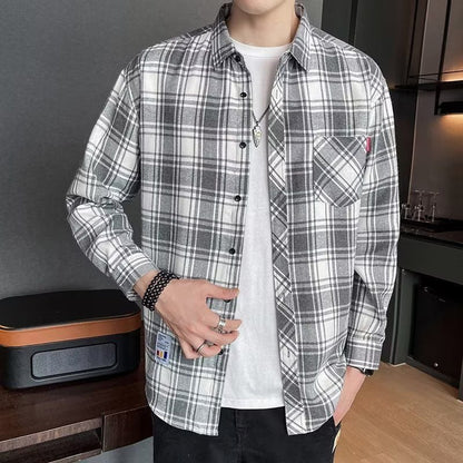 Long-sleeved checked men's shirt for spring with a slim fit