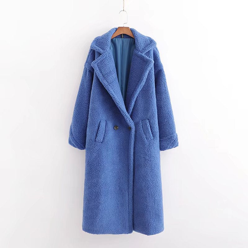 Damen Wintermantel lang mit Teddy-Struktur und verstärktem Design