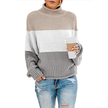 Damenpullover mit hohem Kragen, langen Ärmeln und Colorblock-Strickdesign