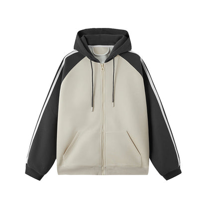 Beige und schwarze Kapuzenjacke mit Reißverschluss, Raglanärmeln und Kängurutaschen. Sportlicher Hoodie für Herren und Damen, ideal für Freizeitmode.