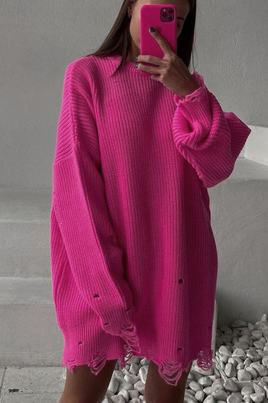 Damen Oversize Strickpullover mit Rollkragen und ausgefranstem Saum von vorne