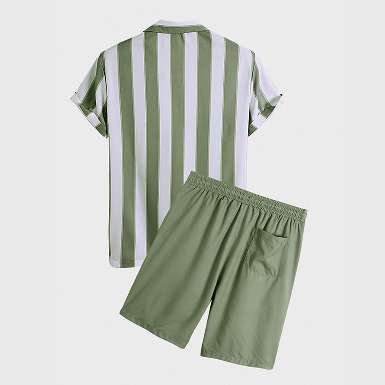 Herren Kurzarmhemd Und Shorts, Zweiteiliges Set Aus Baumwoll-Polyester-Mischgewebe, Freizeitoutfit, In Grün Und Blau Erhältlich