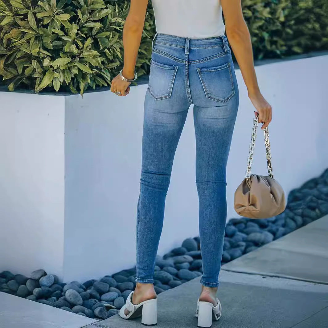 Damen Skinny-Jeanshose mit mittlerer Taille Hellblau – Denim-Mix Stil