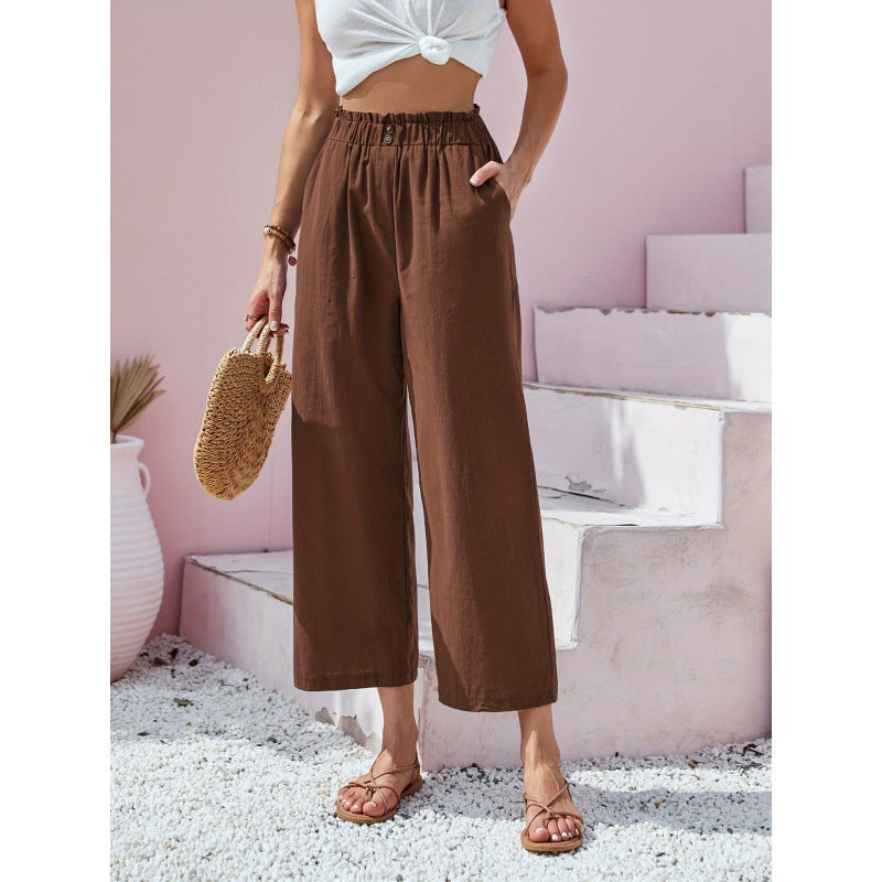 Damen-Freizeithose Mit Hohem Bund, Gerader Schnitt – Baumwoll-Leinen-Mischung