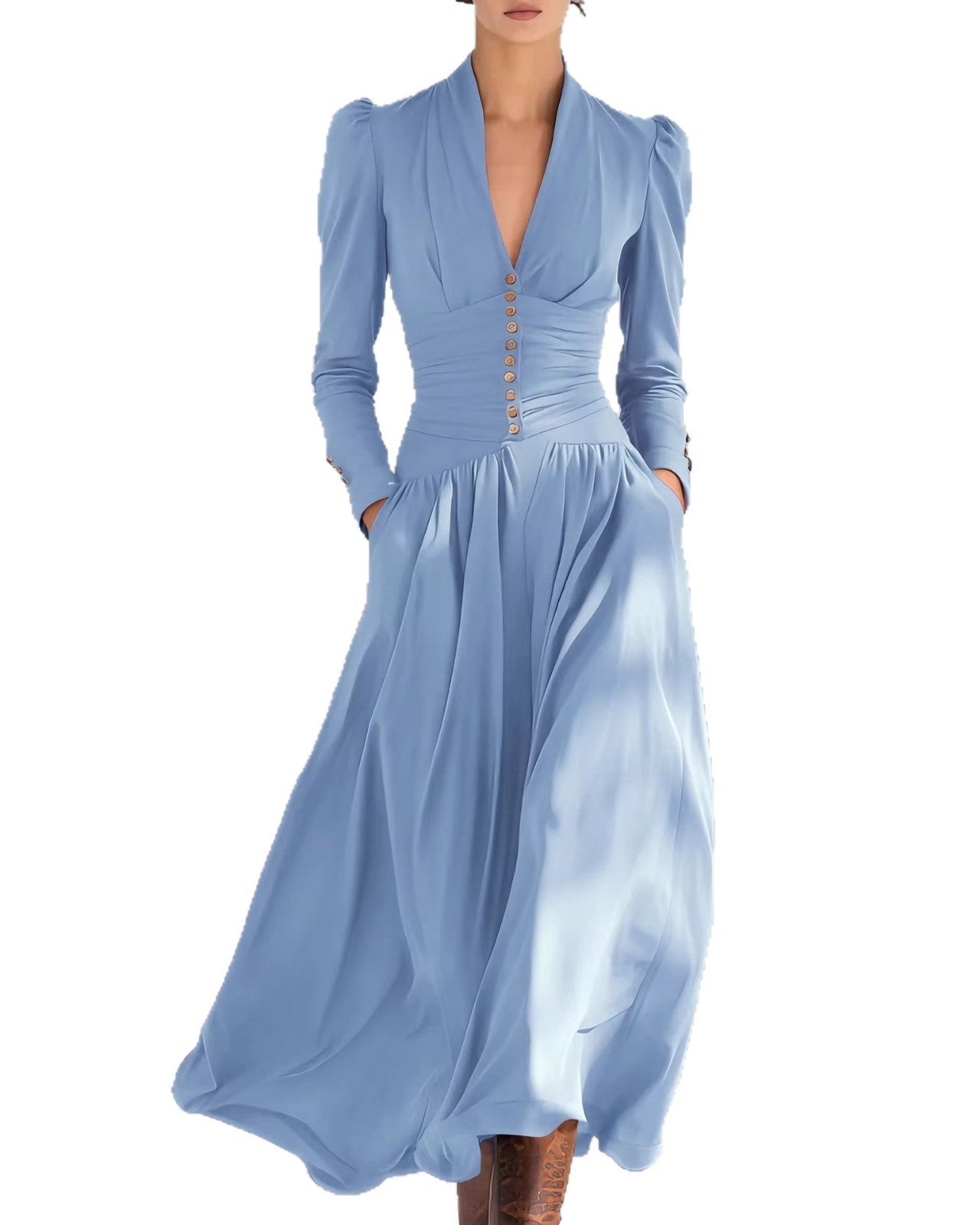 Damen Herbstkleid, Figurbetont, Hochtailliert, Plissiert, Mittellang, Einfarbig