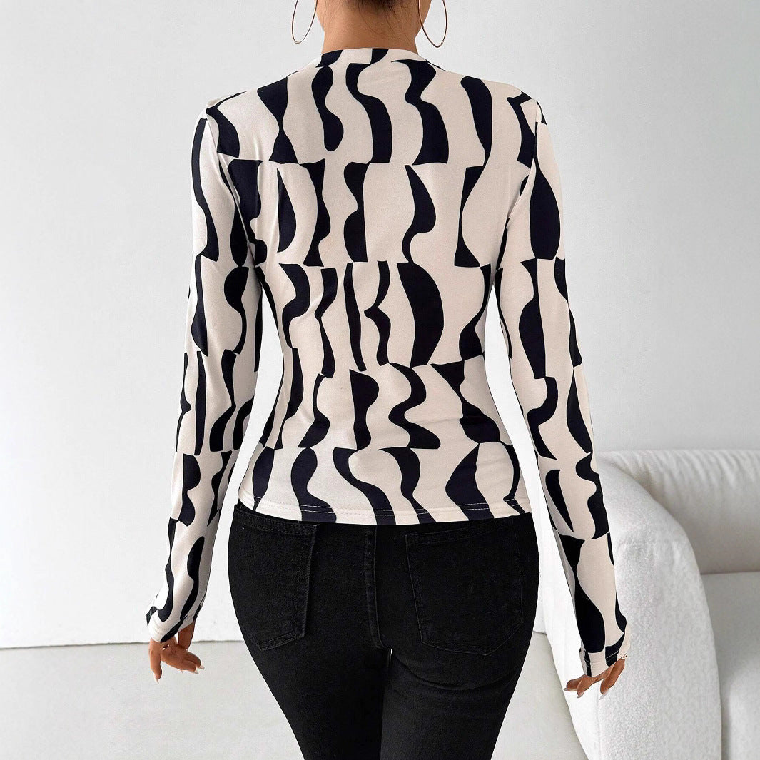 Damen Langarm-Top Mit Stehkragen, Slim-Fit-Passform Und Geometrischem Print