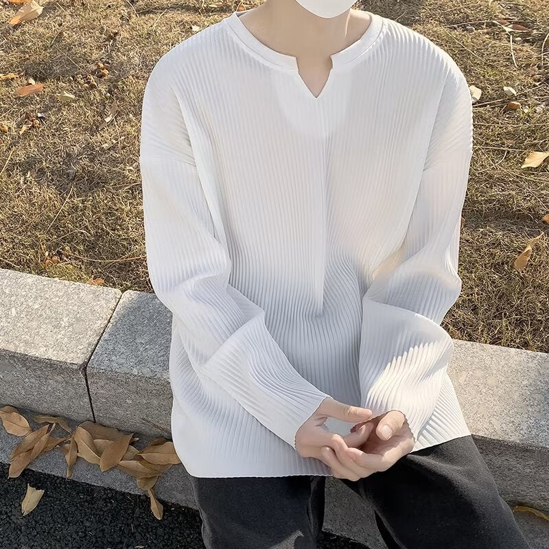 Men's Long-Sleeve Sweater with Striped Texture