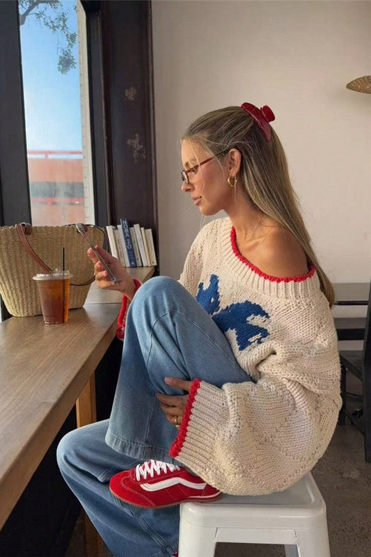Damen-Strickpullover mit niedlichem Hundemotiv auf der Vorderseite