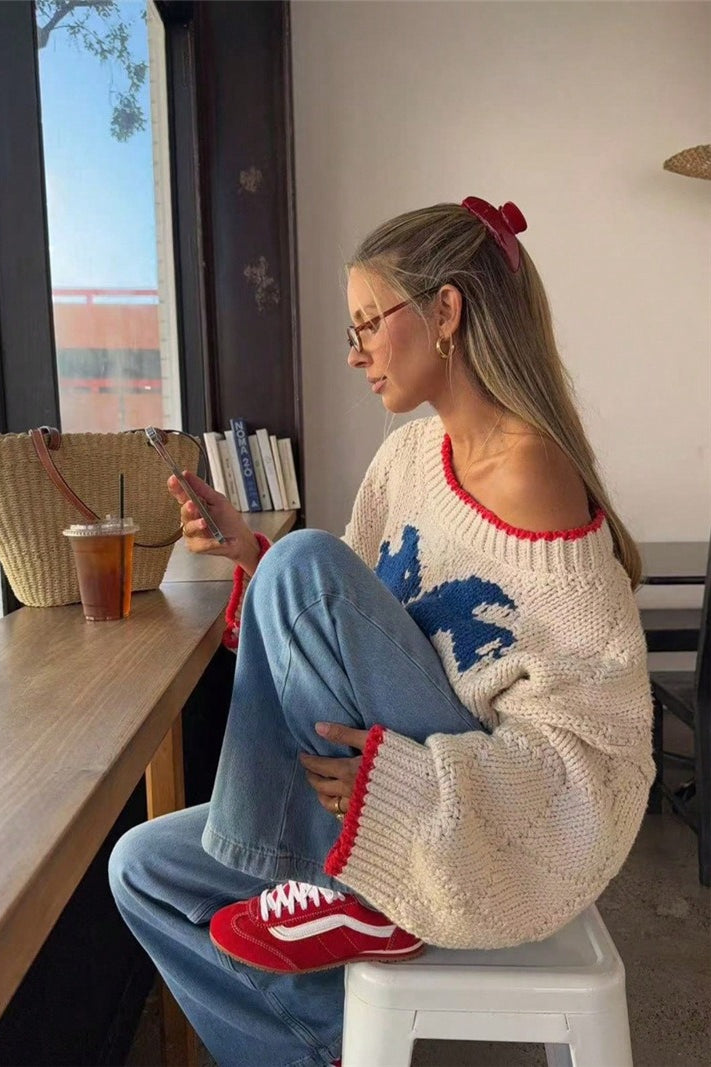 Pullover mit Fischmotiv und Kontrastbesatz