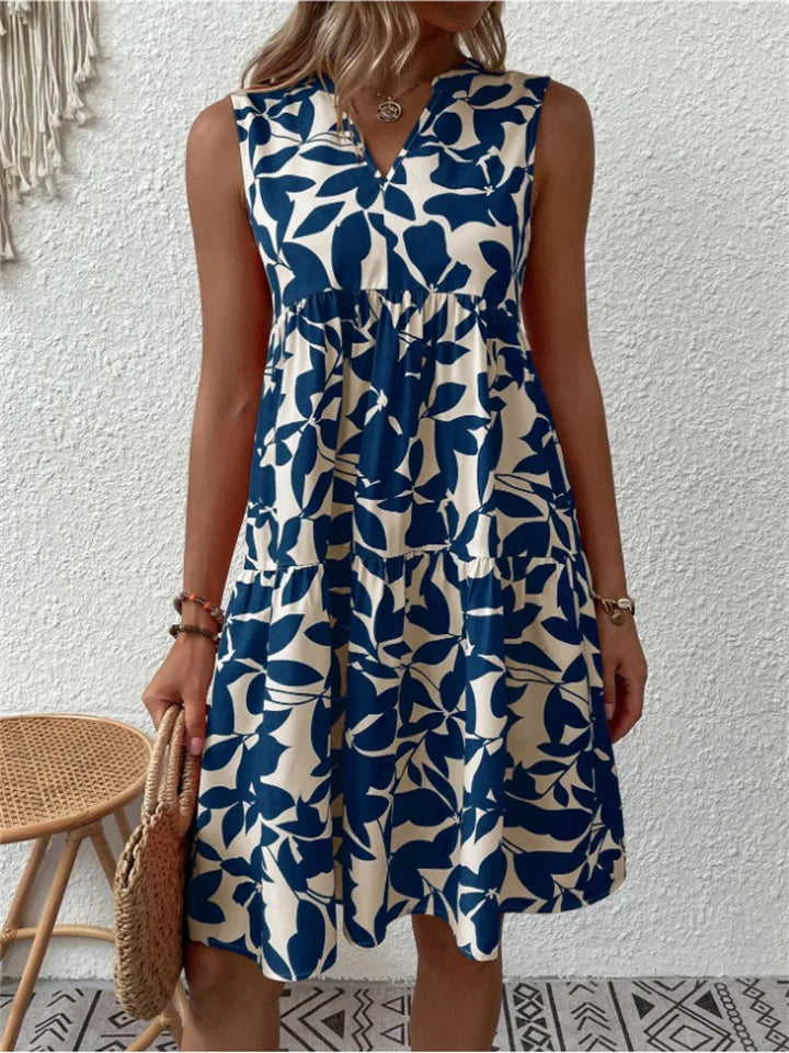 Damen Sommerkleid A Linie Blumenmuster V Ausschnitt Ärmellos