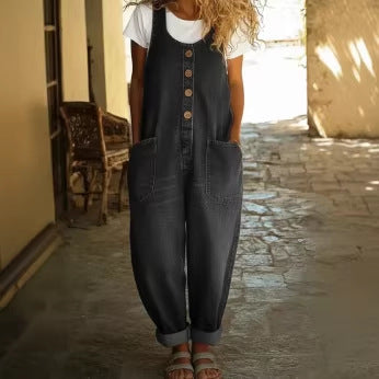 Damen-Jumpsuit Mit Schnallen, Vielen Taschen, Lockerer Passform Und Langer Länge – Polyester-Mischgewebe