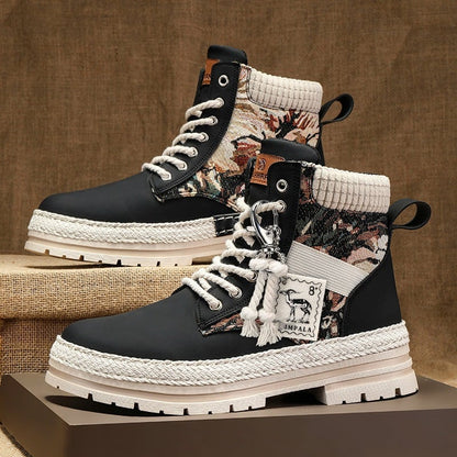 High lace-up boots for men with rounded toe and chunky heel