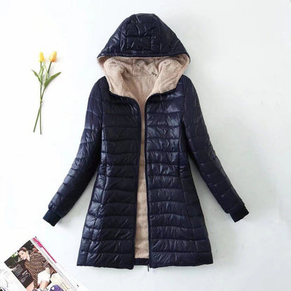Women's winter jacket with hood and fleece lining – mid-length and fitted