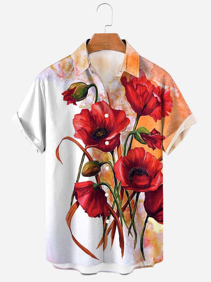 Herren Kurzarmhemd Mit Blumenmuster, Vier-Wege-Stretch, Knopfleiste