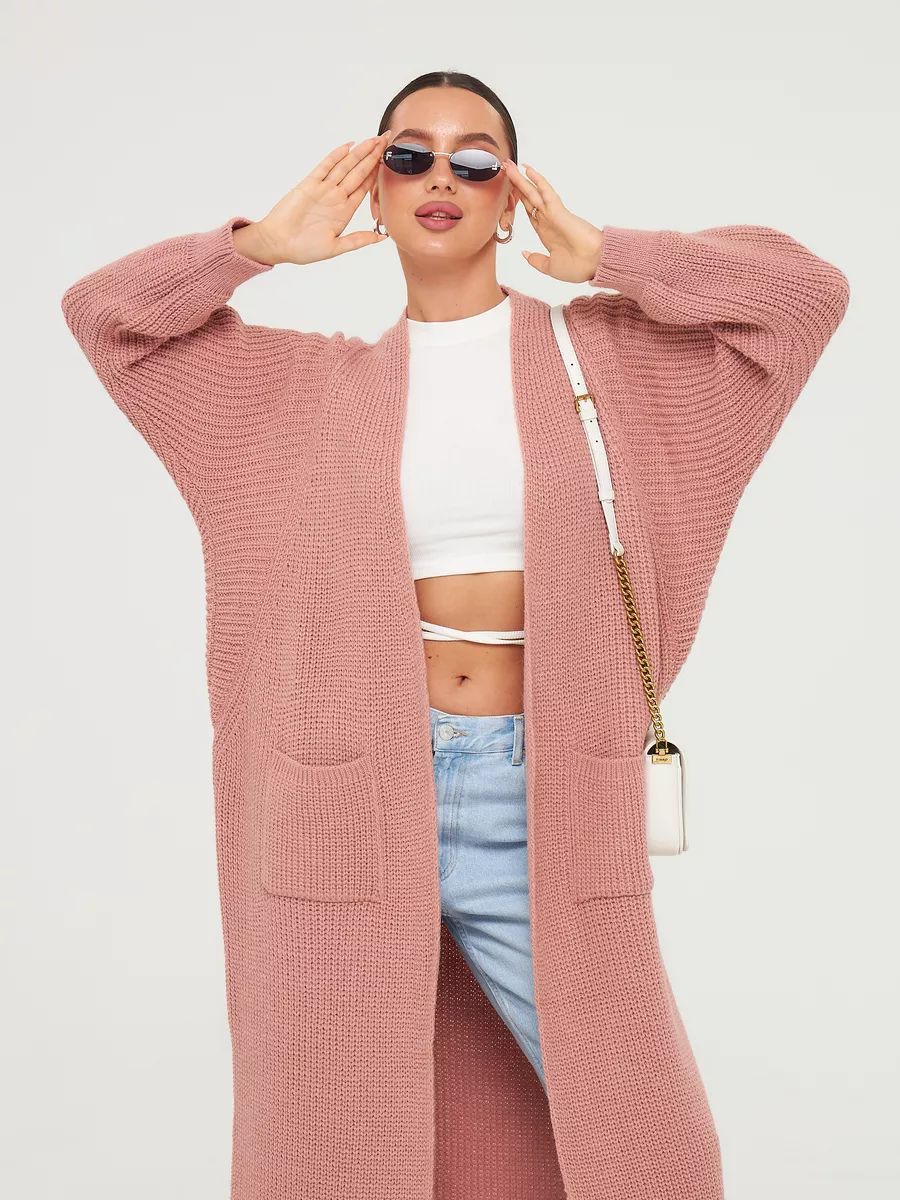 Langer Damen-Strickcardigan mit offenen Front und Taschen
