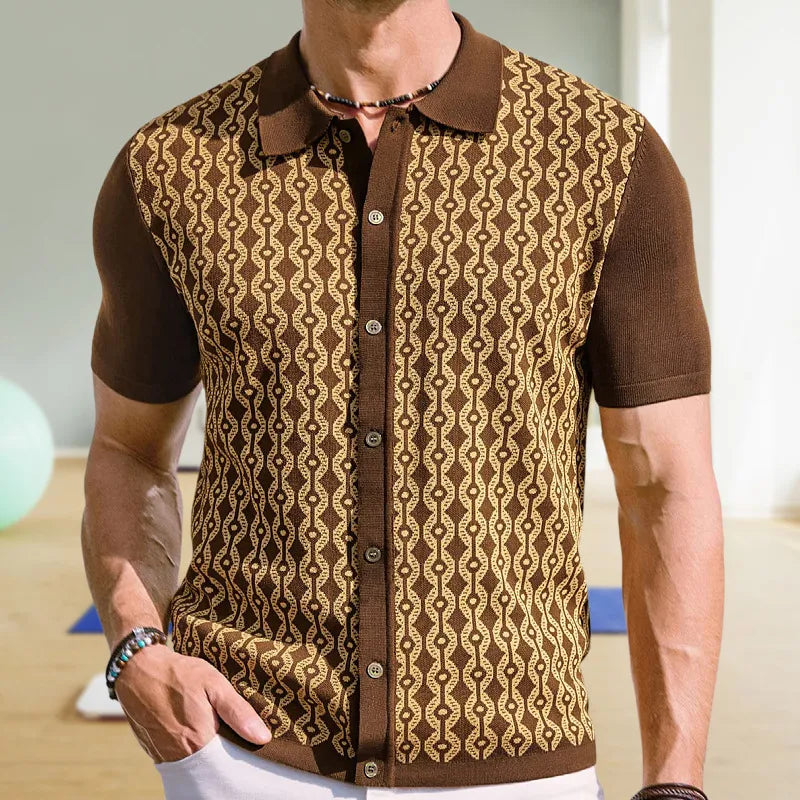 Herren-Cardigan Mit Kurzen Ärmeln, Reverskragen, Geometrischem Jacquard-Muster, Beflockt, Knopfleiste