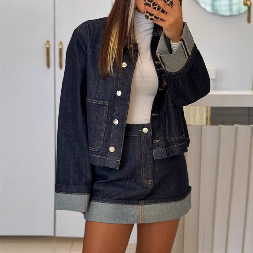 Women's short jacket with polo collar and button placket – denim mix style