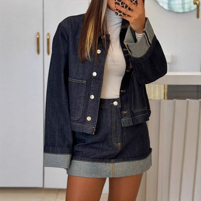 Women's short jacket with polo collar and button placket – denim mix style
