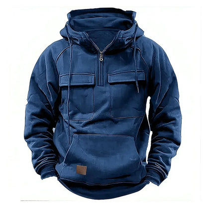Dunkelblauer Herren-Hoodie mit Kapuze, Reißverschluss und Kängurutasche. Bequeme Freizeitmode, ideal für Herbst und Winter.