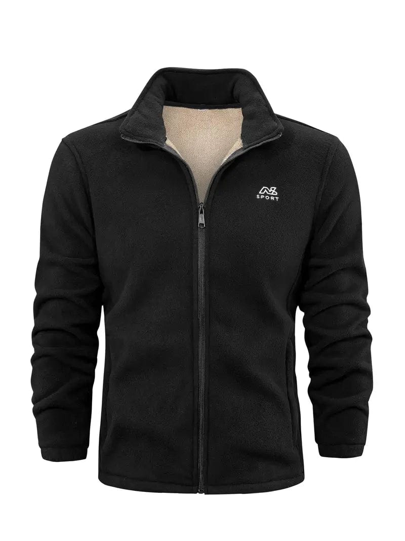 Schwarze Fleecejacke mit Reißverschluss, hohem Kragen und gesticktem Logo. Ideal für Outdoor-Aktivitäten, warm und bequem. Herrenmode, Sportbekleidung.