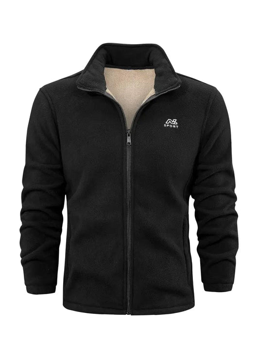 Schwarze Fleecejacke mit Reißverschluss, hohem Kragen und gesticktem Logo. Ideal für Outdoor-Aktivitäten, warm und bequem. Herrenmode, Sportbekleidung.