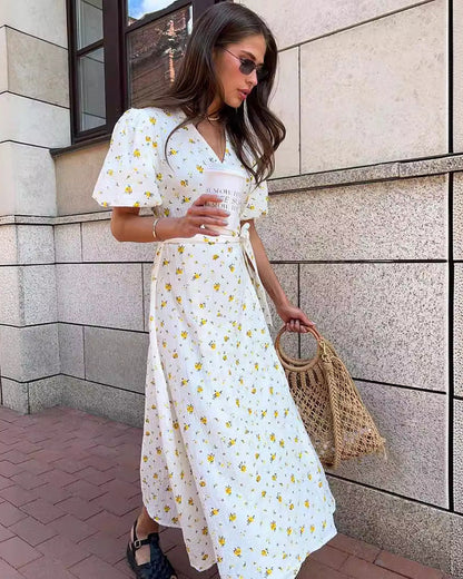 Sommerkleid Für Damen Mit V-Ausschnitt, Floralem Muster, Schnürung, Hoher Taille Und Kurzen Ärmeln