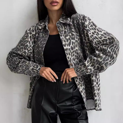 Women's denim-mix jacket with leopard print and long sleeves