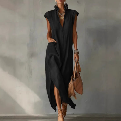 Ärmelloses, Einfarbiges Hemdkleid Im Baumwoll-Leinen-Stil Für Damen – Mittellang, Locker Geschnitten